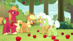Size: 1920x1080 | Tagged: safe, screencap, applejack, big macintosh, goldie delicious, granny smith, g4, going to seed, apple, apple tree, food, tree