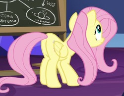 Size: 646x501 | Tagged: safe, screencap, fluttershy, pegasus, pony, g4, growing up is hard to do, butt, chalkboard, cropped, cute, female, looking up, mare, plot, shyabetes, solo