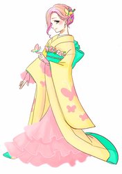 Size: 1242x1769 | Tagged: safe, artist:chizuru_mickey, fluttershy, butterfly, human, g4, anime, anime style, clothes, ear piercing, earring, female, hand, humanized, jewelry, kimono (clothing), looking at you, piercing, smiling, solo
