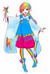 Size: 1242x1802 | Tagged: safe, artist:chizuru_mickey, rainbow dash, human, g4, anime, anime style, boots, clothes, ear piercing, earring, hand, humanized, jewelry, kimono (clothing), needs more saturation, piercing, pinwheel (toy), shoes, smiling, solo