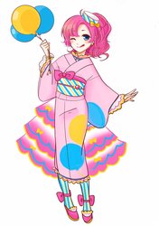 Size: 1242x1769 | Tagged: safe, artist:chizuru_mickey, pinkie pie, human, g4, anime, anime style, balloon, clothes, cute, diapinkes, female, hand, hat, humanized, kimono (clothing), licking, licking lips, looking at you, one eye closed, smiling, solo, tongue out, wink
