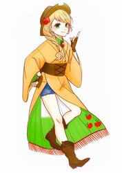 Size: 1242x1757 | Tagged: safe, artist:chizuru_mickey, applejack, human, g4, anime, anime style, applejack's hat, bola, boots, clothes, cowboy boots, cowboy hat, cutie mark, daisy dukes, ear piercing, earring, female, fingerless gloves, gloves, hat, humanized, jewelry, kimono (clothing), piercing, shoes, shorts, smiling, solo