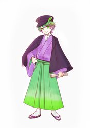 Size: 1242x1775 | Tagged: safe, artist:chizuru_mickey, spike, human, g4, anime, anime style, clothes, fangs, geta, hat, human spike, humanized, kimono (clothing), looking at you, male, paper, sandals, smiling, solo