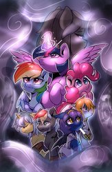 Size: 1334x2048 | Tagged: safe, artist:oofycolorful, pinkie pie, rainbow dash, twilight sparkle, oc, alicorn, bat pony, earth pony, pony, unicorn, g4, bat pony oc, crying, fog, glowing horn, group, horn, looking back, nurse, twilight sparkle (alicorn), weapon, worried