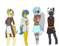 Size: 2700x2100 | Tagged: safe, artist:bigrinth, artist:digigex90, oc, oc:nova gear, oc:velvet remedy, earth pony, pegasus, unicorn, anthro, unguligrade anthro, fallout equestria, anthro oc, armor, clothes, coat, cowboy hat, earth pony oc, female, hat, high res, mare, pegasus oc, skirt, stetson, unicorn oc