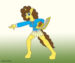 Size: 2301x1925 | Tagged: safe, artist:baroquewolfe, oc, oc only, unicorn, anthro, unguligrade anthro, clothes, cute, duel disk, female, hoodie, mare, miniskirt, pleated skirt, rule 63, skirt, solo, yu-gi-oh!