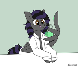 Size: 4128x3559 | Tagged: safe, artist:neoncel, oc, oc only, oc:rune riddle, pegasus, pony, clothes, flask, lab coat, solo, tongue out, wing hands, wings