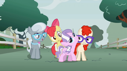 Size: 1280x720 | Tagged: safe, screencap, apple bloom, diamond tiara, silver spoon, twist, earth pony, pony, call of the cutie, g4, female, fence, filly, glasses, jewelry, necklace, pearl necklace, tiara, tree