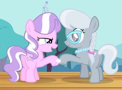 Size: 968x720 | Tagged: safe, screencap, diamond tiara, silver spoon, earth pony, pony, flight to the finish, g4, butt, female, filly, glasses, hoofbump, jewelry, necklace, open mouth, pearl necklace, plot, stage, tiara