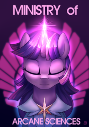 Size: 1754x2480 | Tagged: safe, artist:jedayskayvoker, part of a set, twilight sparkle, pony, unicorn, fallout equestria, g4, bust, clothes, eyes closed, fanfic, fanfic art, female, high res, horn, mare, ministry mares, ministry of arcane sciences, portrait, poster, solo, unicorn twilight