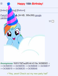 Size: 353x459 | Tagged: safe, rainbow dash, pegasus, pony, g4, /mlp/, 4chan, 4chan party hat, 4chan screencap, cloud, female, hat, mare, party hat, solo, text