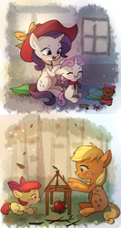 Size: 1600x3000 | Tagged: safe, artist:tcn1205, apple bloom, applejack, rarity, sweetie belle, earth pony, pony, unicorn, g4, adorabloom, alternate hairstyle, apple, beanie, cute, daaaaaaaaaaaw, diasweetes, eyes closed, female, filly, food, grin, hat, jackabetes, jewelry, mare, necklace, open mouth, playing, raribetes, siblings, sisters, smiling, teddy bear, toy, younger