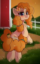 Size: 1400x2200 | Tagged: safe, artist:shadowreindeer, pear butter, earth pony, pony, g4, blushing, chest fluff, cute, ear fluff, female, fence, flower, flower in hair, mare, outdoors, pearabetes, sitting, solo