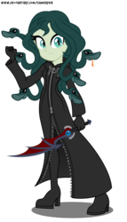 Size: 1700x2966 | Tagged: safe, artist:gamerpen, oc, oc only, oc:medusa, gorgon, snake, equestria girls, g4, crossover, disney, equestria girls-ified, kingdom hearts, looking at you, medusa, organization xiii, simple background, solo, transparent background, weapon