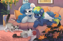 Size: 3072x2015 | Tagged: safe, artist:graypillow, oc, oc only, cat, pegasus, pony, book, commission, couch, flower, high res, hug, indoors, ragdoll cat, sitting, winghug, yarn, yarn ball