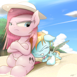 Size: 1900x1900 | Tagged: safe, artist:phoenixrk49, pinkie pie, rainbow dash, earth pony, pegasus, pony, g4, altered cutie mark, beach, clothes, crossed arms, eyes closed, female, frown, hat, mare, panties, pinkamena diane pie, pushing, sun hat, swimsuit, underwear