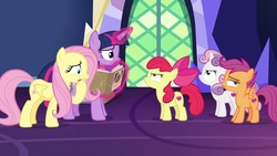 Size: 1920x1080 | Tagged: safe, screencap, apple bloom, fluttershy, scootaloo, sweetie belle, twilight sparkle, alicorn, pony, g4, growing up is hard to do, biting, book, cutie mark crusaders, hoof biting, magic, twilight sparkle (alicorn)