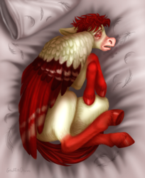 Size: 1600x1956 | Tagged: safe, artist:graffiti, oc, oc only, oc:bloodshot, pegasus, pony, bed, bloodshot eyes, drool, feather, full body, hooves, lying down, male, markings, on side, pillow, realistic anatomy, realistic horse legs, realistic wings, red, sheet, sick, snot, solo, stallion, two toned wings, underhoof, white, wing markings, wings