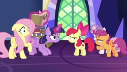 Size: 1920x1080 | Tagged: safe, screencap, apple bloom, fluttershy, scootaloo, sweetie belle, twilight sparkle, alicorn, pony, g4, growing up is hard to do, book, cutie mark crusaders, magic, twilight sparkle (alicorn)