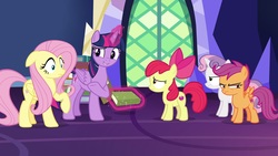 Size: 1920x1080 | Tagged: safe, screencap, apple bloom, fluttershy, scootaloo, sweetie belle, twilight sparkle, alicorn, pony, g4, growing up is hard to do, book, cutie mark crusaders, magic, twilight sparkle (alicorn)
