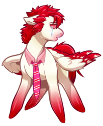 Size: 1219x1486 | Tagged: safe, artist:heartlessspade, oc, oc only, oc:bloodshot, pegasus, pony, accessory, bloodshot eyes, chibi, clothes, crying, full body, looking away, looking back, male, markings, messy hair, messy mane, necktie, open mouth, red, red hair, red mane, simple background, solo, stallion, transparent background, two toned wings, wings