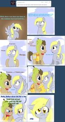 Size: 1204x2254 | Tagged: safe, artist:naomiknight17, artist:sonusventorum, derpy hooves, doctor whooves, time turner, earth pony, pegasus, pony, lovestruck derpy, g4, one bad apple, blushing, cheese, cheese hat, clothes, costume, drunk, female, food, hat, male, mare, pear, pear hat, stallion, summer harvest parade, tumblr comic