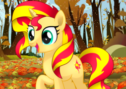 Size: 1280x900 | Tagged: safe, artist:mirrorcrescent, sunset shimmer, pony, unicorn, g4, autumn, female, leaves, mare, ponified, solo, tree