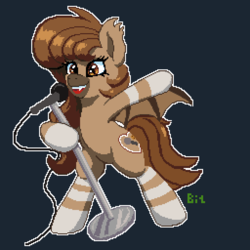 Size: 512x512 | Tagged: safe, artist:bitassembly, oc, oc only, oc:musical note, bat pony, pony, abstract background, bat pony oc, fangs, microphone, microphone stand, pixel art, singing, smiling, solo
