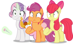 Size: 4541x2769 | Tagged: safe, artist:frownfactory, apple bloom, scootaloo, sweetie belle, earth pony, pegasus, pony, unicorn, g4, growing up is hard to do, .svg available, bow, cutie mark, cutie mark crusaders, eating, female, food, horn, magic, mare, older, older apple bloom, older scootaloo, older sweetie belle, simple background, svg, the cmc's cutie marks, transparent background, vector, wide eyes, wings