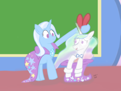 Size: 1600x1200 | Tagged: safe, artist:addelum, princess celestia, trixie, alicorn, pony, unicorn, a matter of principals, g4, bunny out of the hat, bunny suit, bunnylestia, clothes, cuffs (clothes), duo, duo female, female, hat, magic trick, mare, parody, scene parody, trixie's hat