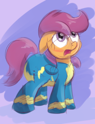 Size: 982x1280 | Tagged: safe, artist:zalakir, scootaloo, pony, g4, blushing, clothes, cute, cutealoo, diaper, diaper fetish, diaperloo, female, fetish, floppy ears, non-baby in diaper, onesie, poofy diaper, solo, uniform, wonderbolt scootaloo, wonderbolts, wonderbolts uniform