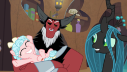 Size: 1920x1080 | Tagged: safe, edit, edited screencap, screencap, cozy glow, lord tirek, queen chrysalis, centaur, changeling, changeling queen, pegasus, pony, g4, the summer sun setback, a better ending for chrysalis, a better ending for cozy, a better ending for tirek, bracer, cozybetes, crown, cute, cutealis, daddy tirek, evil lair, female, filly, foal, former queen chrysalis, grogar's lair, harsher in hindsight, jewelry, lair, legion of doom, mare, mommy chrissy, nose piercing, nose ring, piercing, regalia, septum piercing, smiling, tirebetes, trio, wholesome
