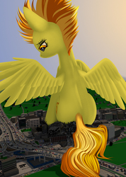 Size: 1051x1480 | Tagged: safe, artist:styroponyworks, spitfire, pony, g4, car, city, crushing, destruction, female, giant pegasus, giant pony, giant/macro spitfire, looking back, looking down, macro, mare, solo, vehicle