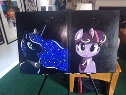Size: 4160x3120 | Tagged: safe, artist:annuthecatgirl, princess luna, twilight sparkle, alicorn, pony, unicorn, g4, painting, traditional art