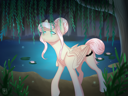 Size: 1600x1200 | Tagged: safe, artist:maria-fly, oc, oc only, oc:mary, pegasus, pony, forest, pond, solo