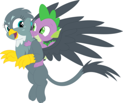 Size: 3532x2952 | Tagged: safe, artist:porygon2z, gabby, spike, dragon, griffon, g4, dragons riding griffons, duo, female, high res, hug, male, riding, simple background, spike riding gabby, transparent background