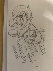 Size: 4032x3024 | Tagged: safe, artist:ostrich farts, rainbow dash, pegasus, pony, g4, crying, dialogue, drawing, female, floppy ears, sad, solo, spread wings, traditional art, wings