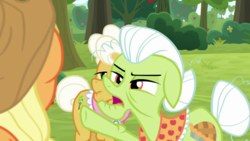 Size: 1920x1080 | Tagged: safe, screencap, applejack, goldie delicious, granny smith, earth pony, pony, g4, going to seed, apple, apple tree, tree