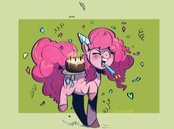 Size: 1280x951 | Tagged: safe, artist:boxgoat, pinkie pie, earth pony, pony, g4, abstract background, birthday cake, blushing, cake, candle, colored hooves, confetti, cute, diapinkes, eyes closed, female, food, heart, mare, open mouth, party horn, smiling, solo, streamers
