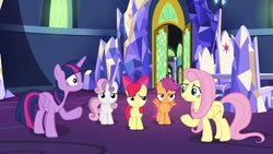 Size: 1920x1080 | Tagged: safe, screencap, apple bloom, fluttershy, scootaloo, sweetie belle, twilight sparkle, alicorn, earth pony, pegasus, pony, unicorn, g4, growing up is hard to do, bow, cutie map, cutie mark crusaders, female, friendship throne, frown, hair bow, mare, raised hoof, twilight sparkle (alicorn)