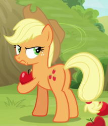 Size: 429x501 | Tagged: safe, screencap, applejack, earth pony, pony, going to seed, angry, apple, applebutt, butt, cropped, female, food, freckles, frown, holding, mare, plot, solo