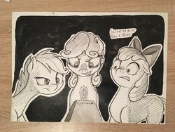 Size: 4032x3024 | Tagged: safe, artist:stink111, apple bloom, scootaloo, sweetie belle, pony, g4, cutie mark crusaders, inktober, inktober 2019, monochrome, ring, traditional art