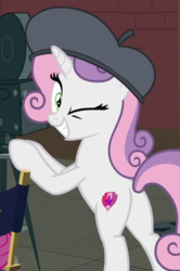 Size: 443x666 | Tagged: safe, screencap, sweetie belle, pony, g4, growing up is hard to do, beret, butt, cropped, female, hat, older, older sweetie belle, one eye closed, plot, solo, wink