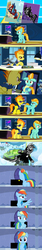 Size: 892x5279 | Tagged: safe, artist:kayman13, lightning dust, rainbow dash, spitfire, pony, comic:your fired, g4, angry, black suit spiderman, chest, clothes, comic, costume, desk, emo, flying, happy, lalala, male, necktie, no speech bubbles, office, rainbow dash's bedroom, sad, shirt, spider-man, spider-man 3, spitfire's office, spitfire's tie, sunglasses, uniform, whistle, whistle necklace, wonderbolts dress uniform, wonderbolts headquarters, you're fired