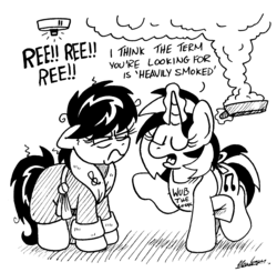Size: 1600x1571 | Tagged: safe, artist:bobthedalek, dj pon-3, octavia melody, vinyl scratch, earth pony, pony, unicorn, g4, angry, bathrobe, bed mane, black and white, burned food, clothes, dialogue, duo, female, fire alarm, frying pan, grayscale, ink drawing, inktober, inktober 2019, kiss the cook, magic, mare, monochrome, octavia is not amused, reeee, robe, simple background, smoke, smoke alarm, smoke detector, telekinesis, this will end in pain, traditional art, unamused, white background