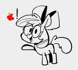 Size: 675x611 | Tagged: safe, artist:latexia, apple bloom, earth pony, pony, g4, apple, apple bloom's bow, bow, exclamation point, female, filly, food, hair bow, monochrome, open mouth, partial color, smiling, solo