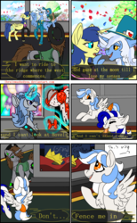 Size: 1920x3125 | Tagged: safe, artist:brainiac, fiddlesticks, sunny skies, oc, oc:borderline, oc:cherub, oc:littlepip, oc:sereph, alicorn, pegasus, pony, unicorn, comic:fallout equestria: stained glass, fallout equestria, g4, apple family member, bowtie, clothes, female, formal, hat, jacket, mare, song reference, suit jacket, text, top hat