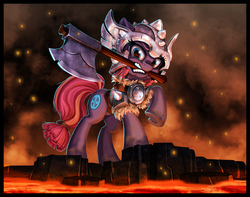 Size: 3000x2358 | Tagged: safe, artist:harwick, sun cross, pony, axe, background pony, cutie mark, female, fire, guardsmare, helmet, high res, lava, mare, mighty helm, mouth hold, royal guard, solo, underhoof, viking, weapon