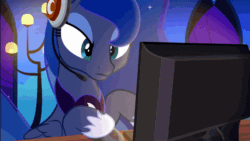 Size: 600x338 | Tagged: safe, artist:yudhaikeledai, princess luna, alicorn, pony, gamer luna, g4, animated, computer, computer mouse, cute, emotional spectrum, excited, expressions, female, gamer, gif, happy, headset, hoof shoes, lunabetes, mare, monitor, movie accurate, open mouth, peytral, solo, spread wings, surprised, unamused, wings, worried