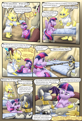Size: 2160x3168 | Tagged: safe, artist:firefanatic, discord, twilight sparkle, zecora, alicorn, pony, comic:friendship management, g4, alphys, bed, blindfold, comic, dialogue, high res, twilight sparkle (alicorn), undertale, what is hoo-man